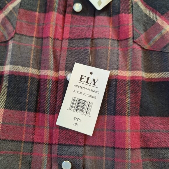 New Men’s ELY Cattleman Red Flannel Long Sleeve Pearl Snap 3XL - Picture 3 of 7